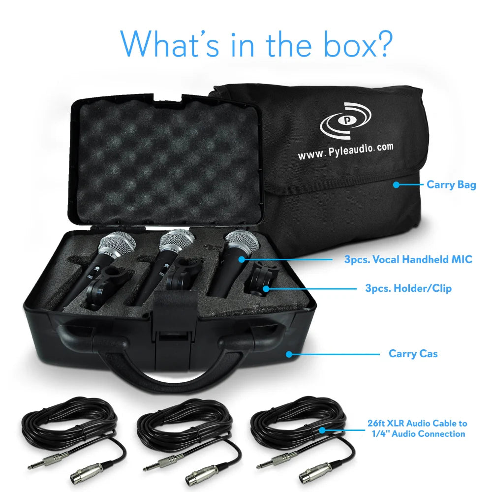 Pyle PDMICKT34 Kit 3 Microphones Dynamiques Professionnels Avec Câbles XLR - Micros Vocaux Cardioïdes Pour Scène Et Studio