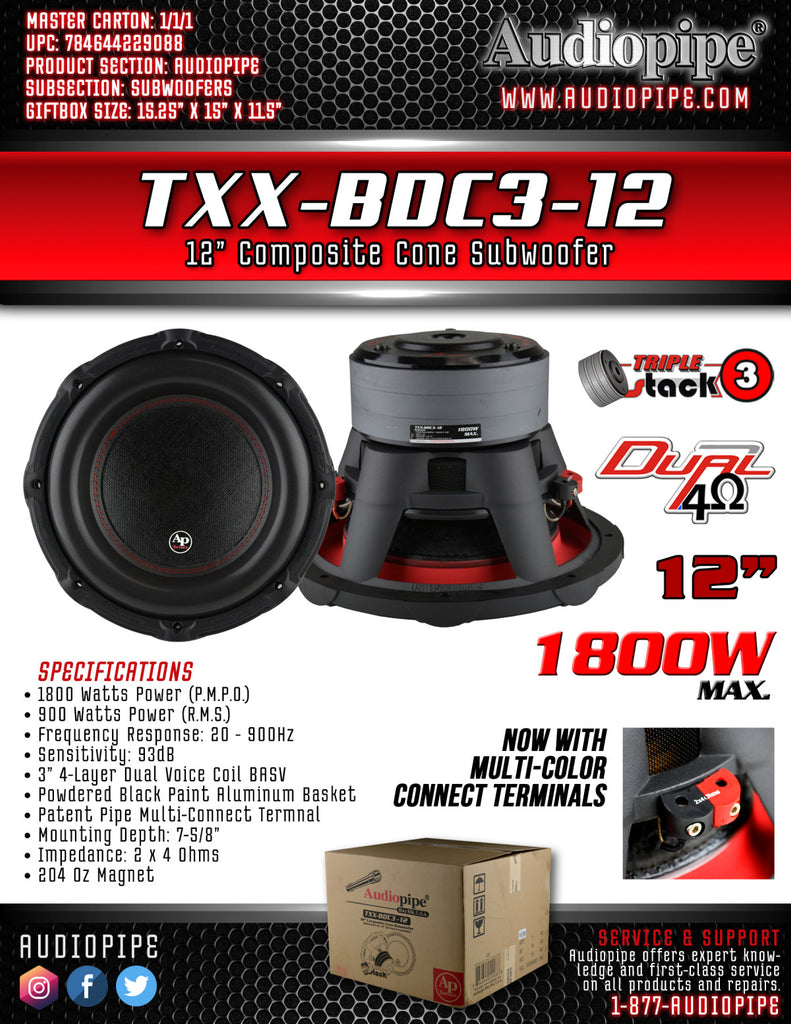 TXX-BDC3-12 Audiopipe 12 inch Triple Stack Dual Voice Coil Woofer