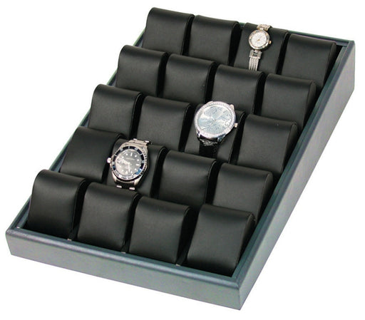 M&M WT-1320L-78R 20 Deluxe Watch Tray Black Leather/SteelGrey