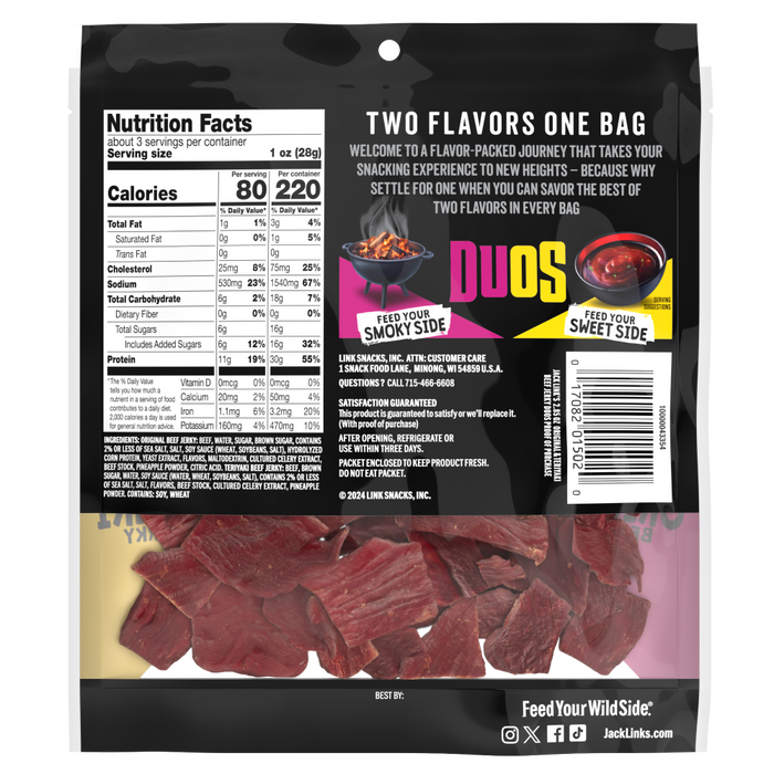 10000043296 Jack Links Duos 2.85oz Original - Teriyaki Beef Jerky