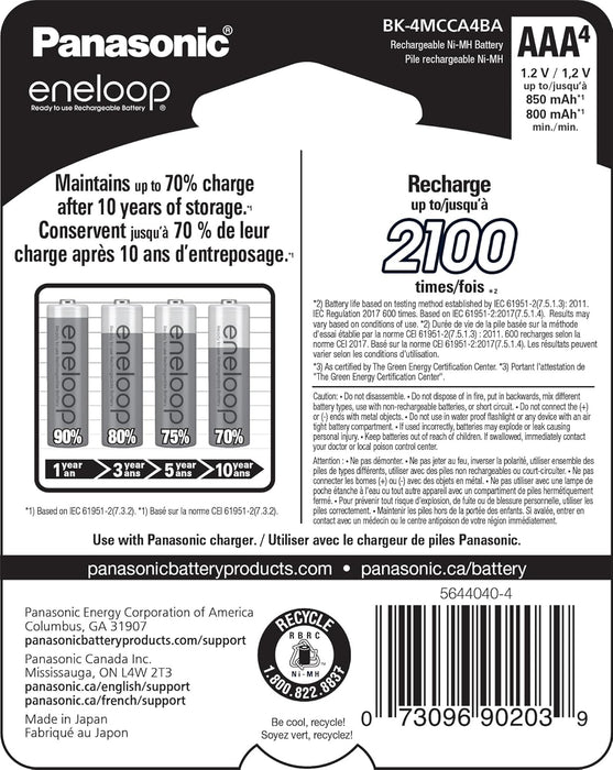 BK-4MCCA4BA Eneloop AAA Ni-MH Pre-Charged Rechargeable Batteries, 4-pack