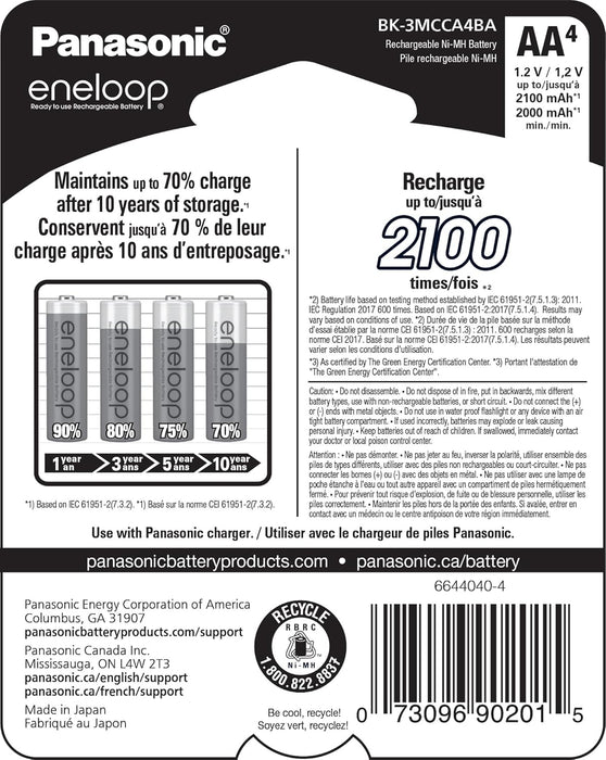 BK-3MCCA4BA Eneloop Panasonic AA 4-Pack 2100 Cycle Ni-MH Pre-Charged Rechargeable Batteries