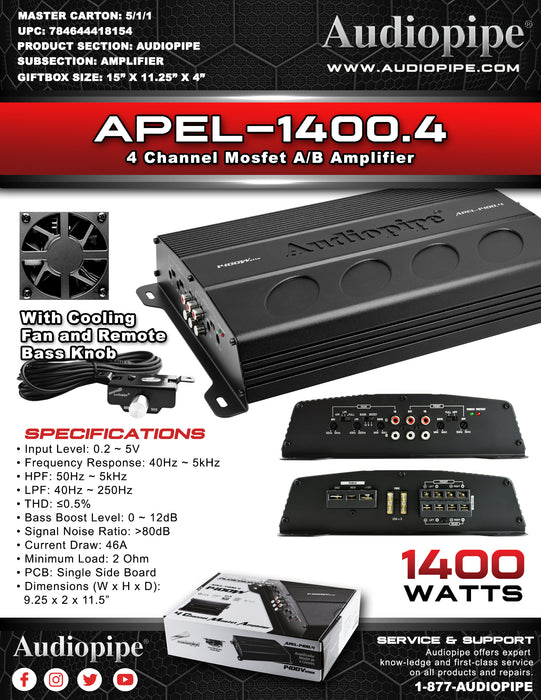 APEL-1400.4 A-Pipe 1,400 w 4 Channel Amplifier