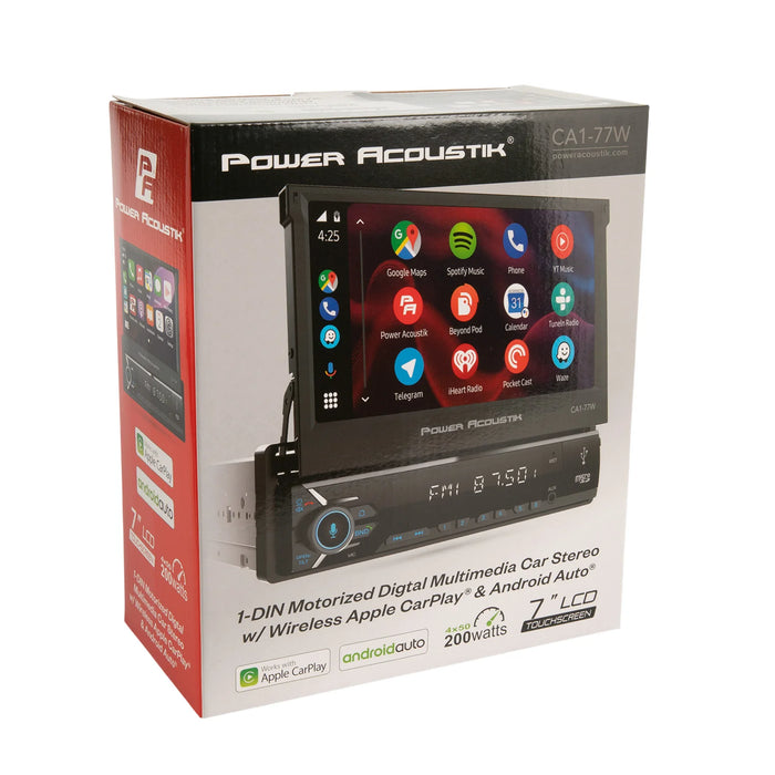 CA1-77W Power Acoustik 1x Din 7in Flip-UP Mechless Media Center with Wireless Carplay & Android