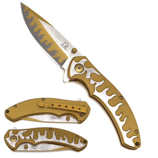 SG-KS3082GD Gold Flames Knife - Thumb Assist - 3.25-In Blade