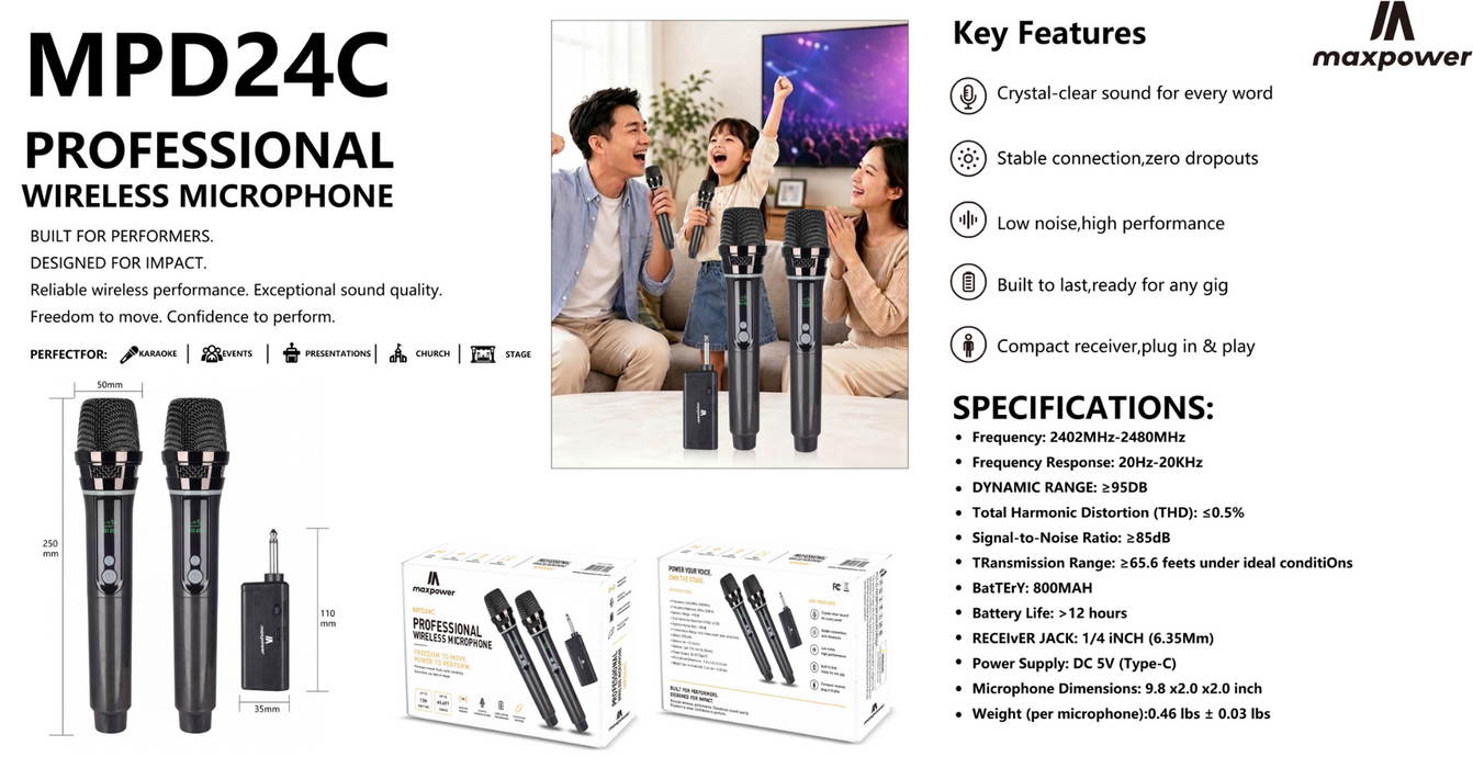 MPD24C Maxpower Dual VHF Wireless Microphones