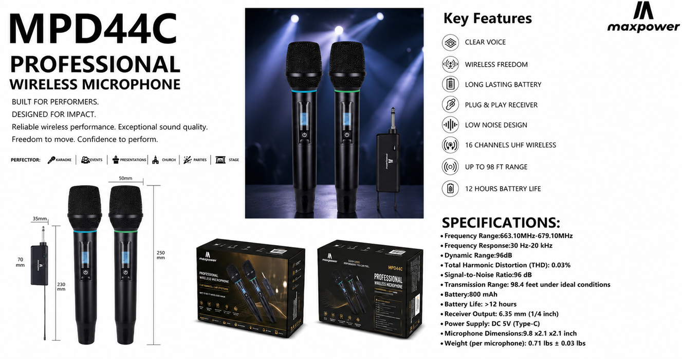 MPD44C Maxpower Dual UHF Wireless Microphones