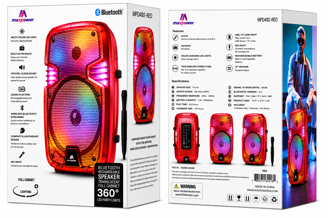 MPD492-RD Maxpower Lightshow BT Speaker-Red