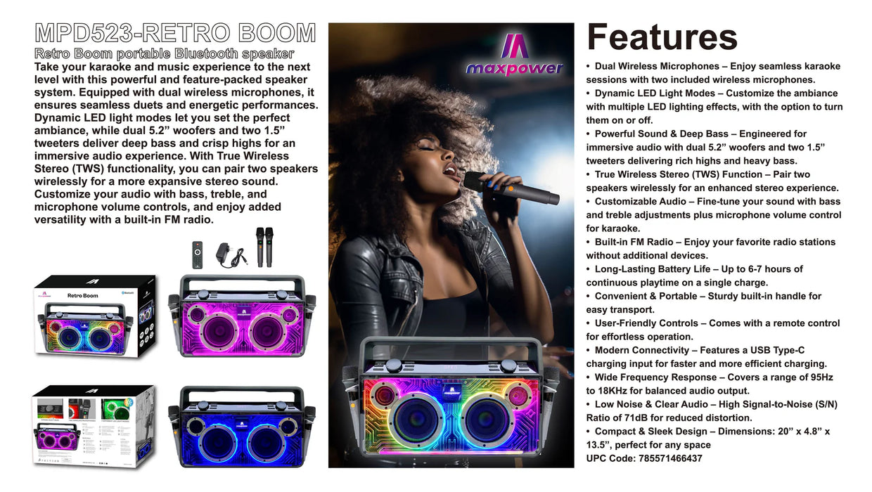 MPD523 Maxpower FM BT Player  Dual Mics