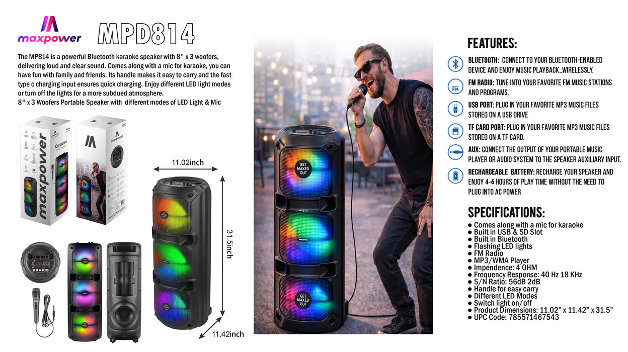 MPD814 Bluetooth Karaoke Speaker with 3 x 8-In Woofers