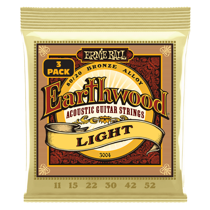 P03004 Ernie Ball 3-PACK (3004) Light Earthwood 80/20 Bronze Acoustic Guitar Strings 11-52 Gauge - 3 Pack