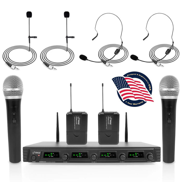 PDWM4540 Pyle 4-Ch UHF Wireless Microphone System Kit W/ 2 Handheld, 2 Lavalier and 2 Headset Mics