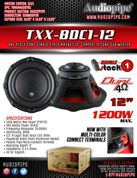 TXX-BDC1-12 Audiopipe 12 inch Single Stack DVC Woofer