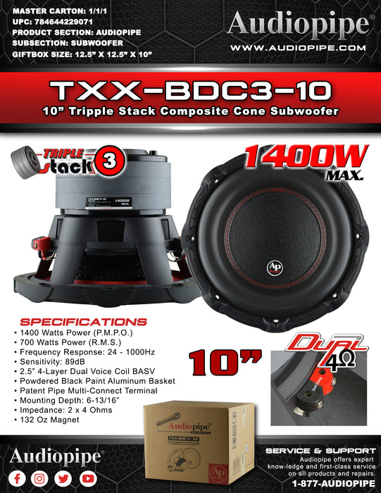 TXX-BDC3-10 Audiopipe 10 inch Triple Stack Dual Voice Coil Woofer