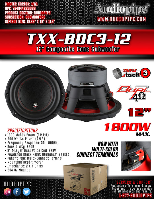 TXX-BDC3-12 Audiopipe 12 inch Triple Stack Dual Voice Coil Woofer