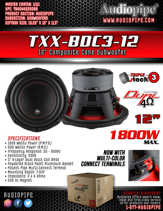 Voice Coil Audiopipe 12 Inch Subwoofer TXX-BDC3-12 Audiopipe 12