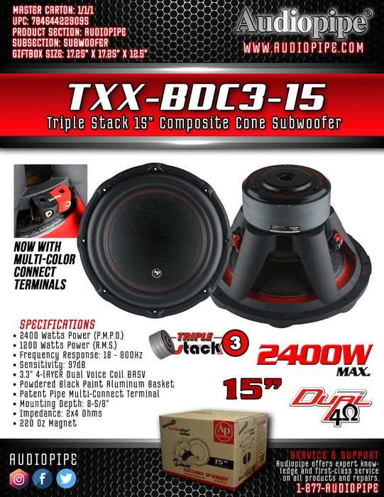 TXX-BDC3-15 Audiopipe 15 inch 2400 Watt Dual Voice Coil Woofer