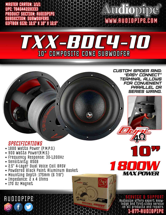 TXX-BDC4-10 Audiopipe 10 Quad Stack Woofer 4 ohm