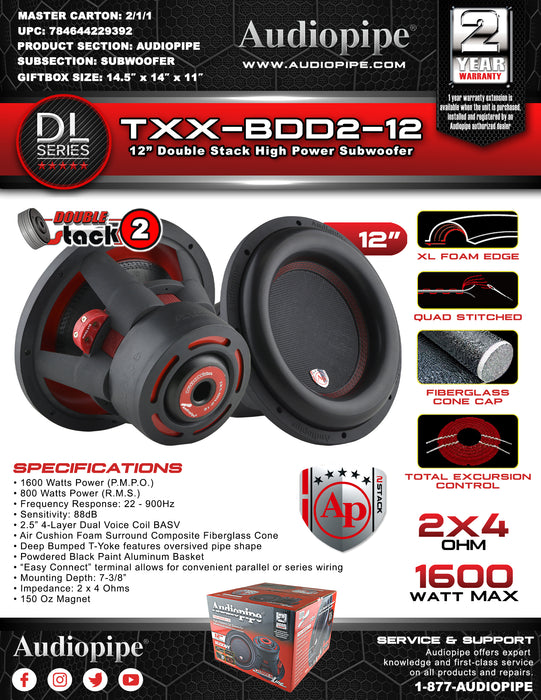 TXX-BDD2-12 Audiopipe Dealer Only 12 inch Double Stack Woofer