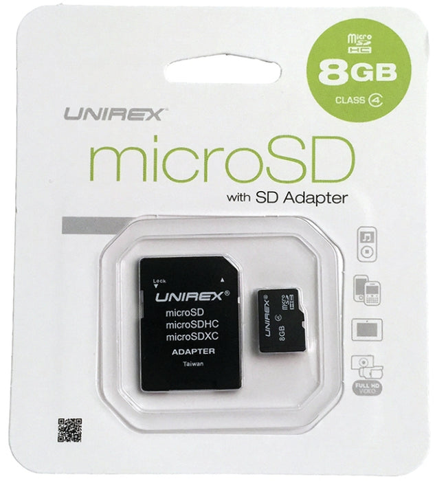 Unirex MEM-MICSD8G MicroSD High Capacity Card 8GB with SD Adapter