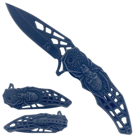 SG-KS3605BK 8 inch Overall Black Widow Skull and Web Design Folding Knife - Black