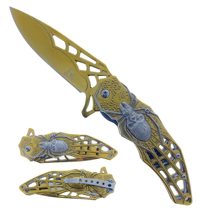 SG-KS3605GD 8 inch Overall Black Widow Skull and Web Design Folding Knife - Gold