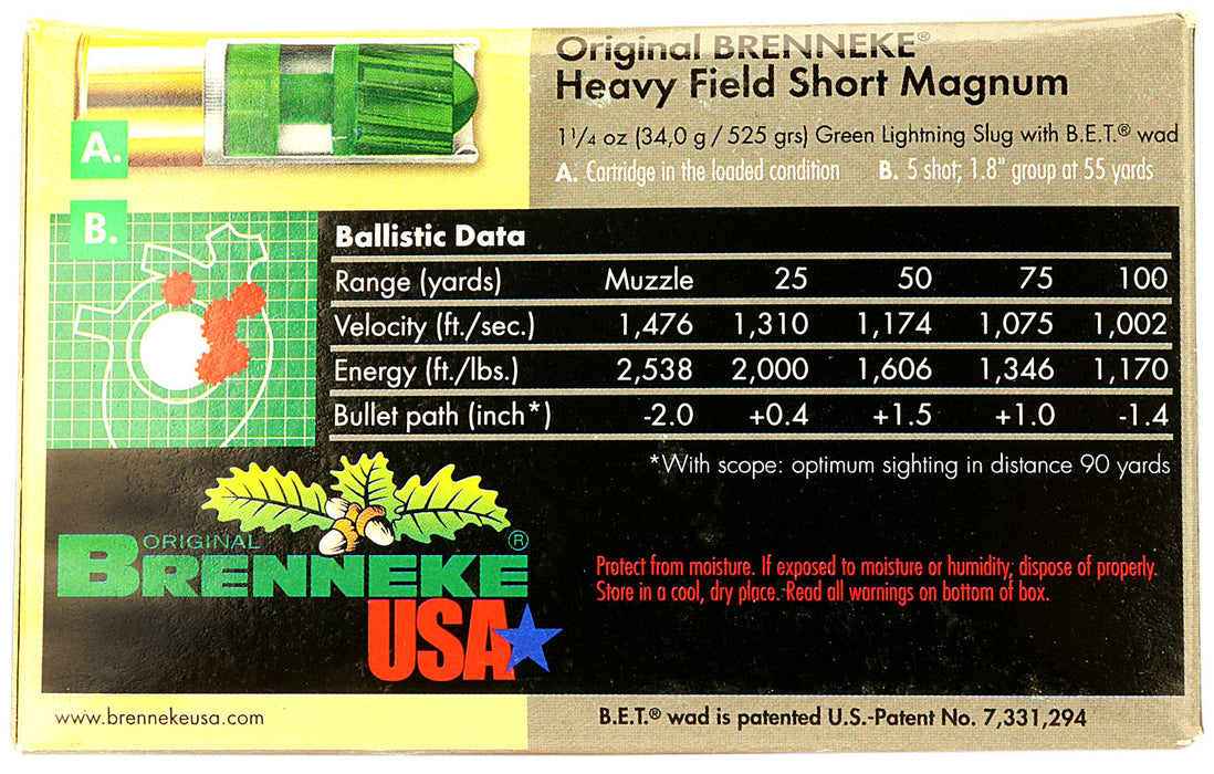 SL-122HFSGL Brenneke Green Lightning Heavy Field Short Magnum Slug, 12 Gauge, 2-3⁄4 inch Shotgun Shells – Box of 5