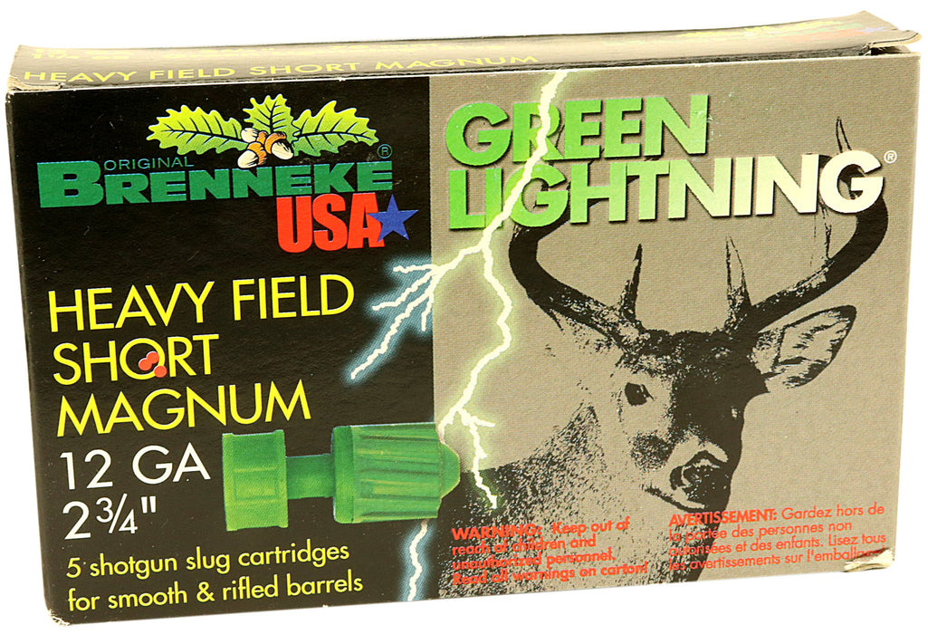 SL-122HFSGL Brenneke Green Lightning Heavy Field Short Magnum Slug, 12 Gauge, 2-3⁄4 inch Shotgun Shells – Box of 5