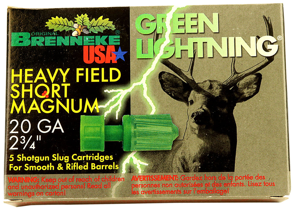 SL-202HFSGL Brenneke Green Lightning Heavy Field Short Magnum Slug, 20 Gauge, 2-3⁄4 inch Shotgun Shells – Box of 5