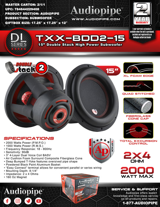 TXX-BDD2-15 Audiopipe Dealer Only 15 inch Double Stack Woofer