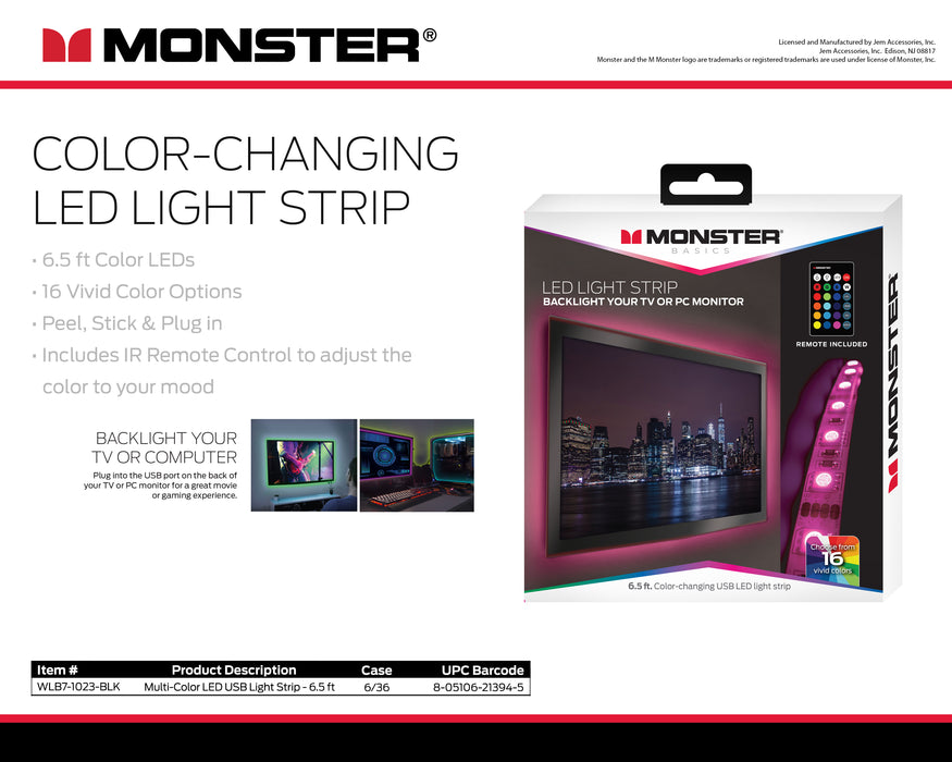 XT-WLB71023BLK Monster 6.5ft Color Changing LED Strip
