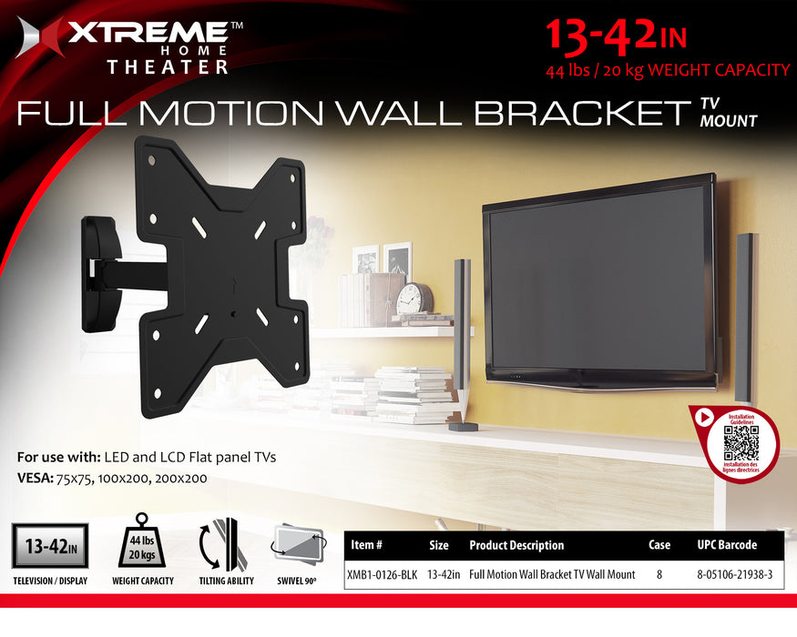 XT-XMB10126BLK Xtreme Full Motion TV Wall Mount fro 13 - 42 inch TV's up to 44 lbs
